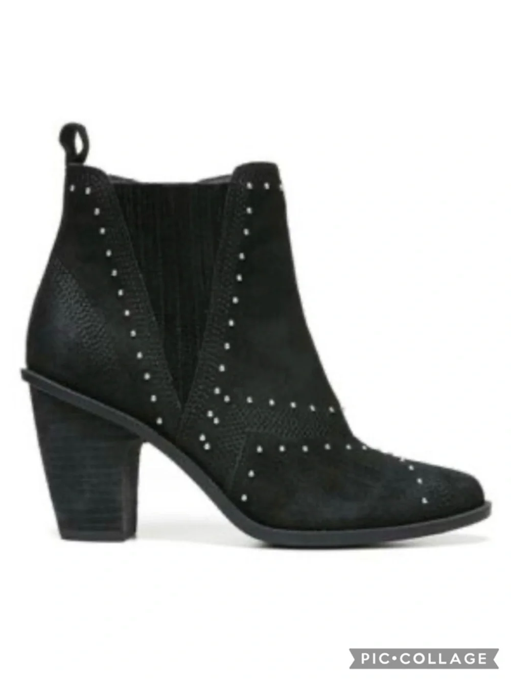 Fergie Dina Bootie Black Suede Silver Studded Block Heel Ankle 6 Gorpcore